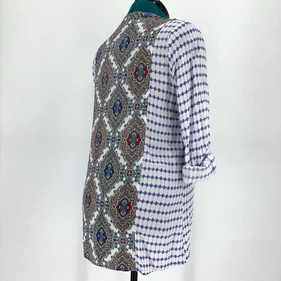 Kori Paisley Accent Boho Rolled Sleeve Button Down V-Neck Blouse, Medium - Picture 8 of 16